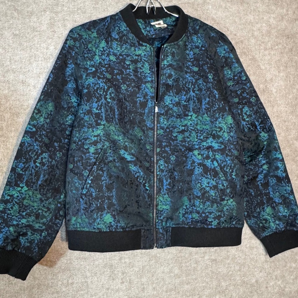 Anne Klein Bomber Jacket Womens 14 Blue Green Jacquard Abstract Zip Up Chic